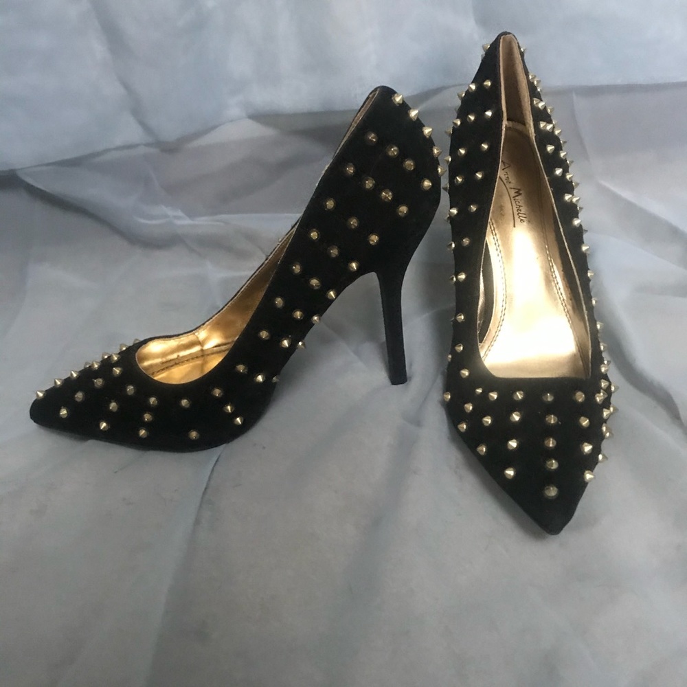 Anne Michelle Gold Studded Black High Heel Pumps